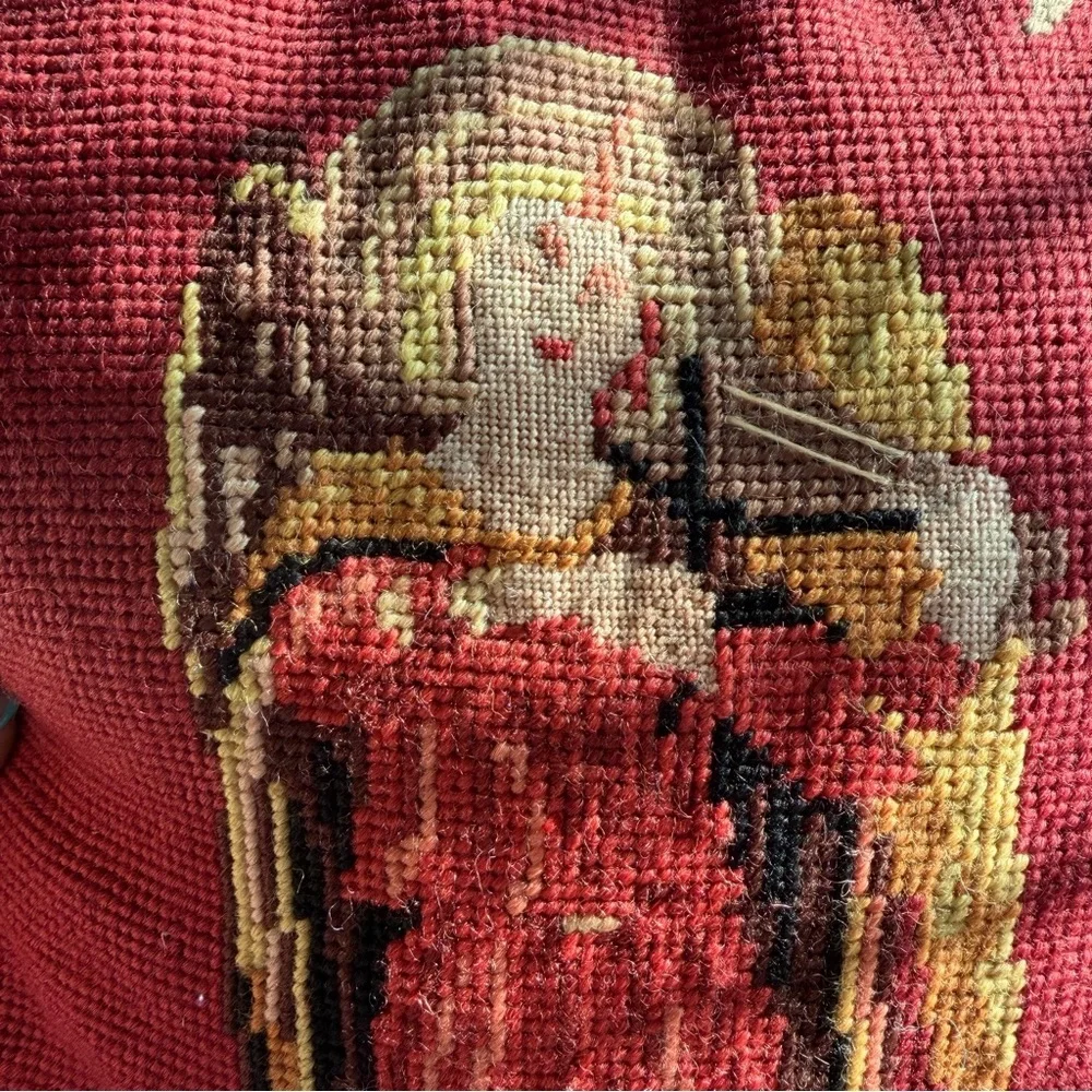 Vintage Needlepoint Angel Pillow Lace Trim 12x12 Romantic Heirloom Decor